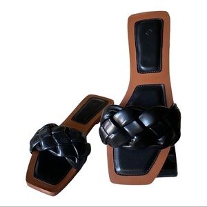 ZBY Black Faux Leather Square Open Toe Braided Flat Slide Sandals 6.5 NI…Goth